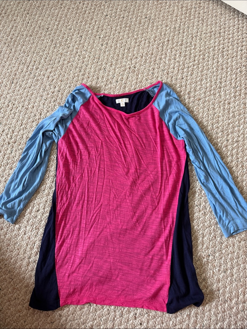 Charming Charlie Pink Front Blue Sleeves Black Side Panel Raglan Top